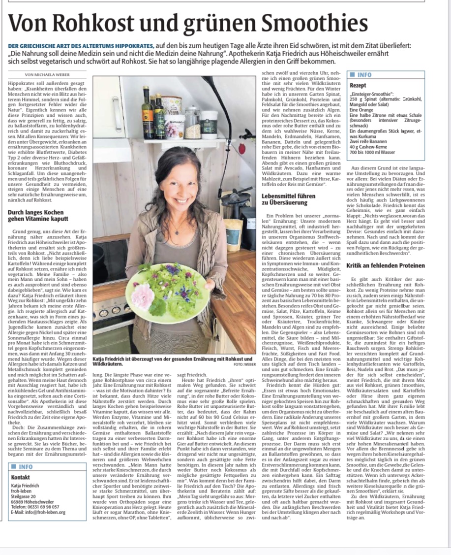 Artikel in der Pirmasenser Zeitung Michaela Weber Von Rohkost und gruenen Smoothies Katja Friedrich froh leben 06_2023
